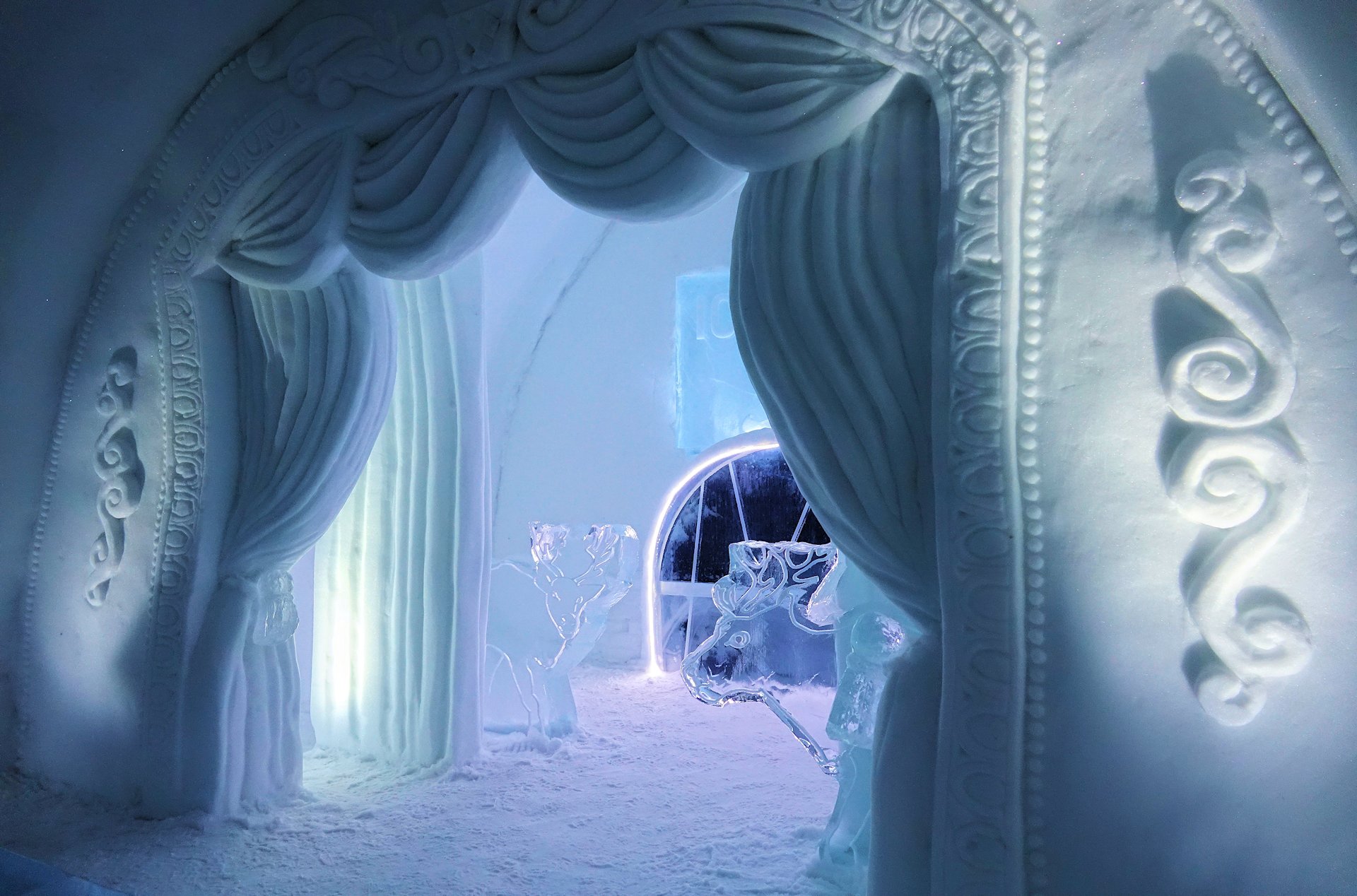 Carved ice and packed snow inside the winter building at Jukkasjärvi.