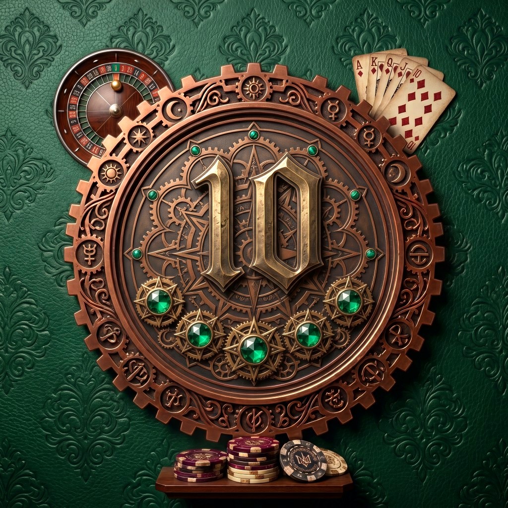 Brass resort emblem with emerald stones, cards and chips.